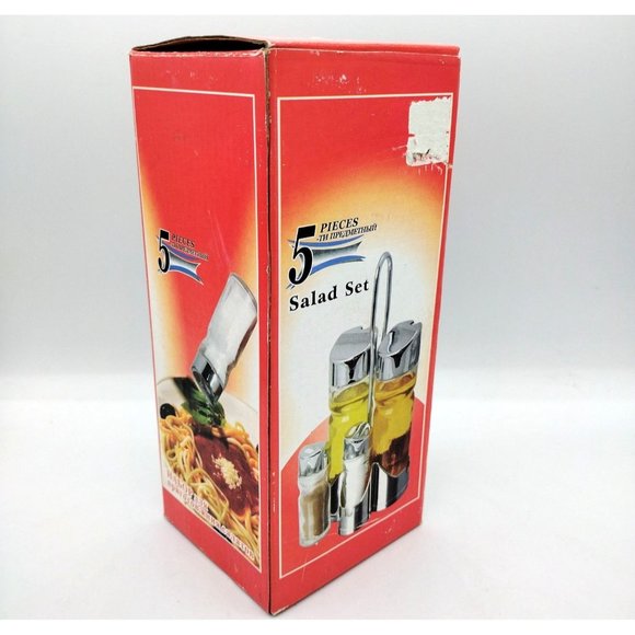 Salad Set 5 Piece Oil Vinegar Salt Pepper Caddy Oldtyme Still Sealed Inside Box - Picture 11 of 11